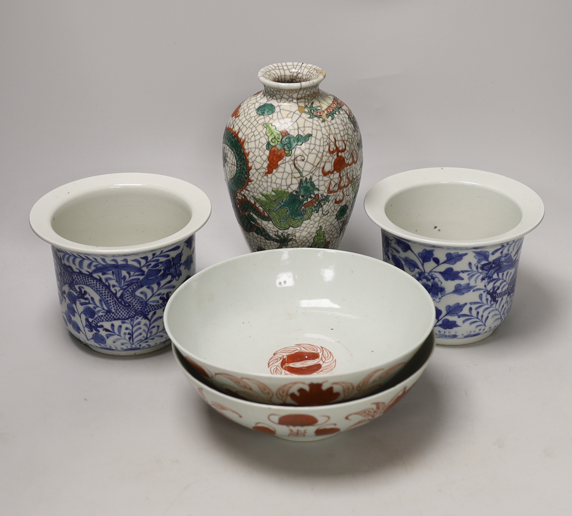 Two Chinese bowls, two blue and white dragon planters and a crackleware vase, tallest 22.5cm